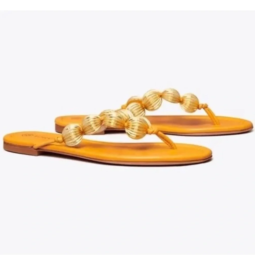 Tory Burch Capri Beaded Orange Leather Thong Sandals Size 7